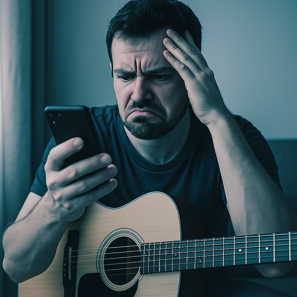 Artista frustrado ao ver o celular