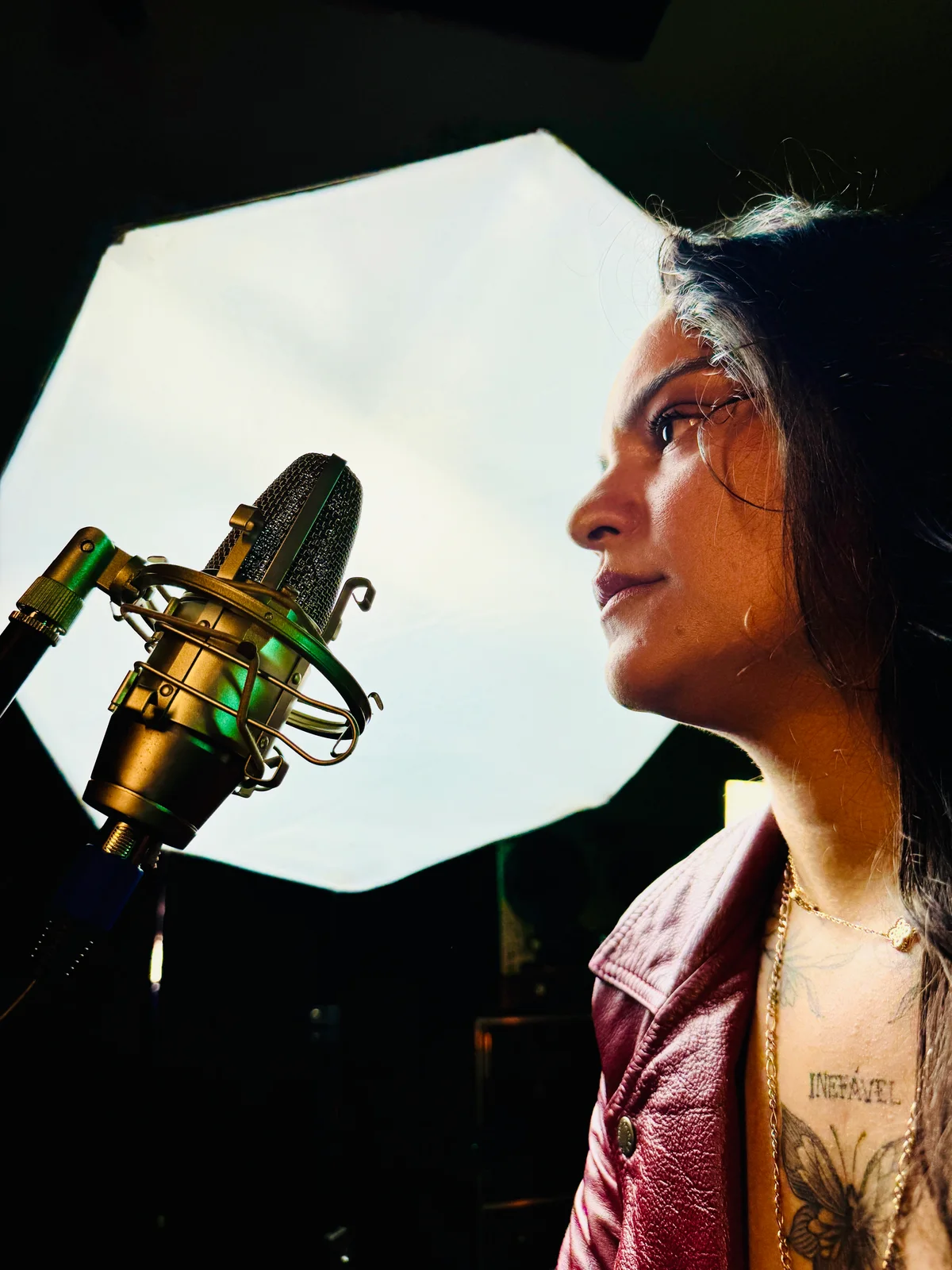 Artista ao microfone durante gravação de voz no Nano Sound